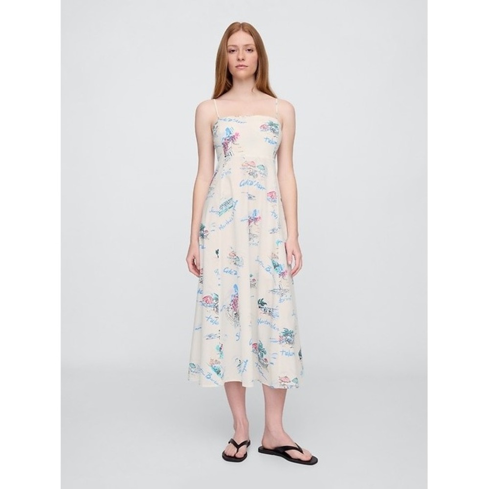 New Gap Dress Medium Fit & Flare Midi Vacationland White Spaghetti Strap Cotton - Picture 1 of 12